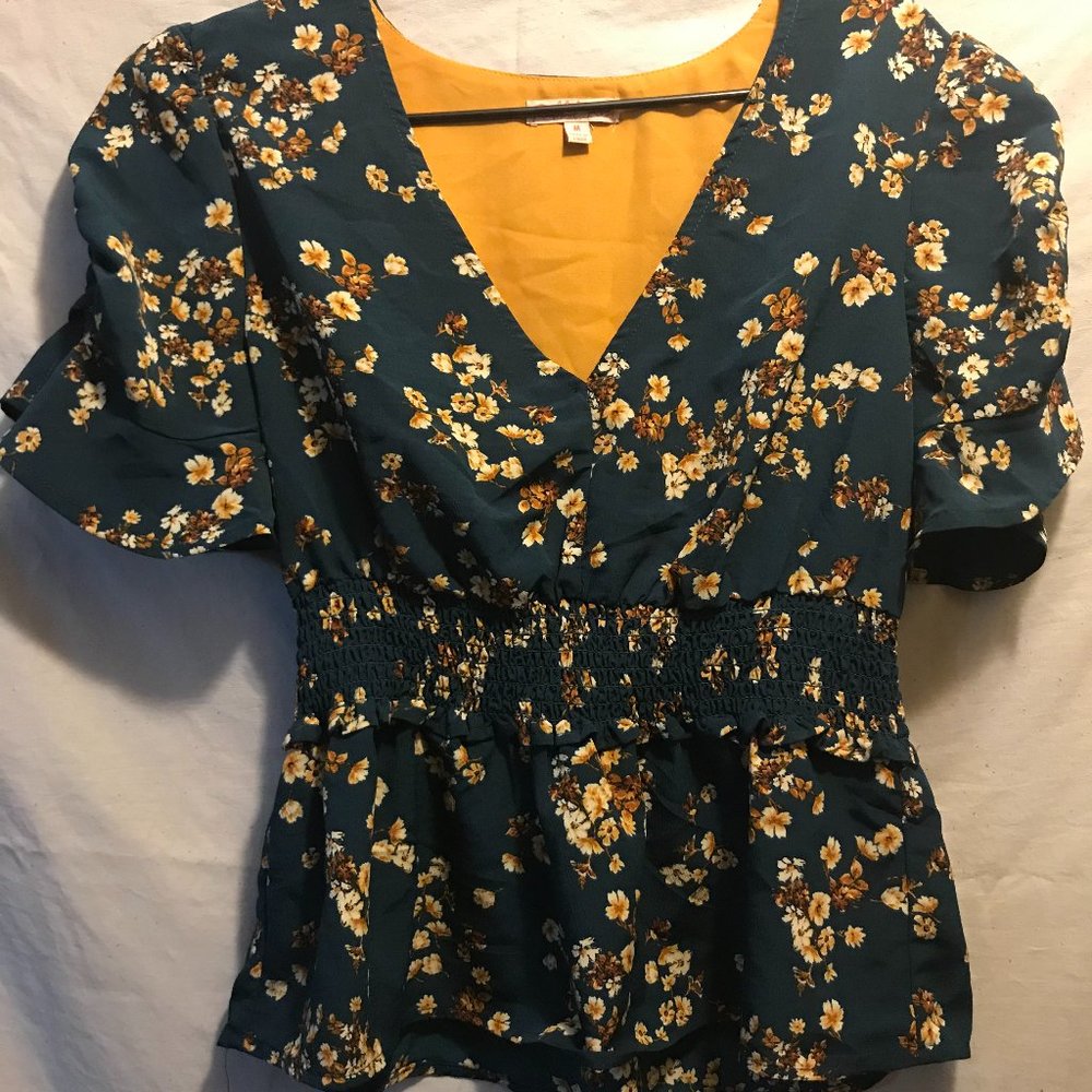 Dark Green Floral Blouse - Like New